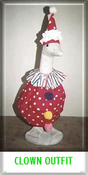 a large banner showing a statue of a goose in a red clown outfit. under it, green text flashes, 'CLOWN OUTFIT, LARGE GOOSE, $20.00'