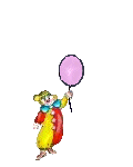 a small whiteface clown holding a pastel pink balloon that pops to show 'hello!'